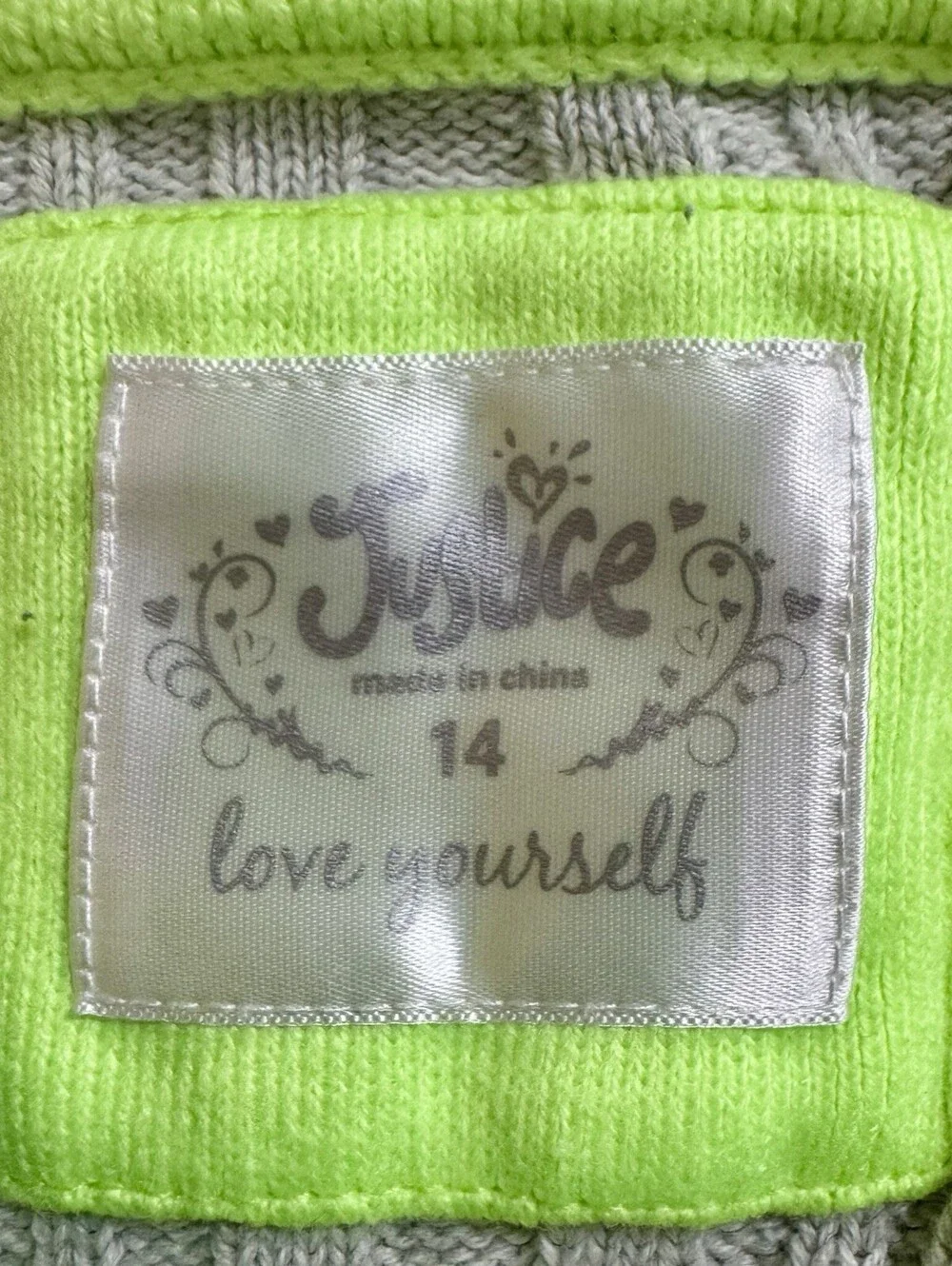 Justice Girls 14 Neon Green Gray Striped Ribbed V Neck Pullover Sweater